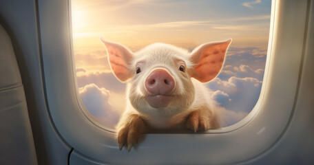 Portrait of a flying pig looking through the window of a commercial airliner with clouds and colorful sky in the background. When pigs fly. - obrazy, fototapety, plakaty