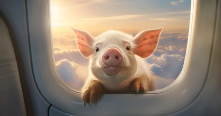 Fotobehang Portrait of a flying pig looking through the window of a commercial airliner with clouds and colorful sky in the background. When pigs fly. © giedriius