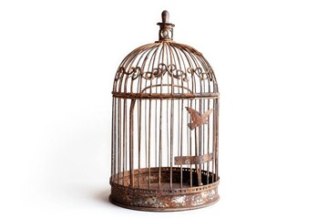 A small, ornamental birdcage, perfect for adding a touch of whimsy to your decor, isolated on a pure white background.