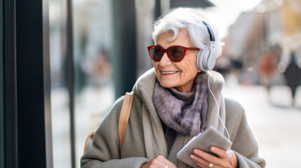 Portrait of a joyful elderly woman with gray hair enjoying music while wearing headphones