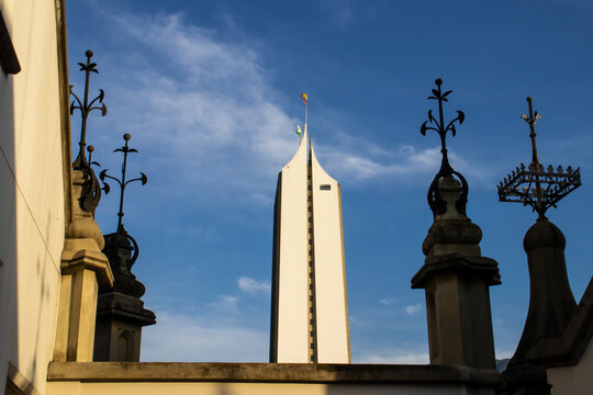 Detail of the historic, Gothic Revival style, Rafael Uribe Uribe Palace of Culture locate in Medellin declared National Monument of Colombia in 1982 and the Coltejer building.