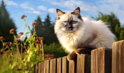 A beautiful blue-eyed Ragdoll Cat sitting on a wooden fence in a garden - obrazy, fototapety, plakaty