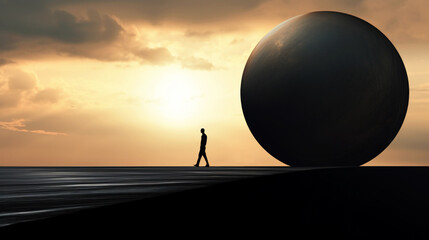 Silhouette of a stressed man with a large rolling ball looming behind him, symbolizing the weight and challenges of a life, business, or debt crisis