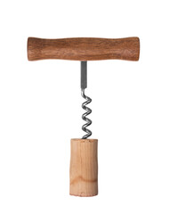 Retro corkscrew opener with cork screwed in on a white insulated background.