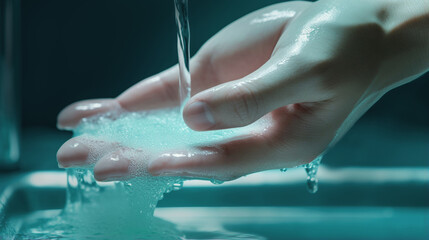 Close-up of a gentle flow of water from a tap onto a person's hand