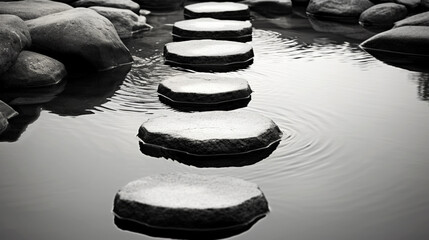 Stepping stones across the river symbolizing the journey of overcoming obstacles and challenges on the path to success