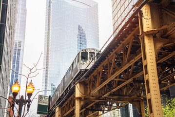 Low angle view of an elevated train transiting Chicago downtown