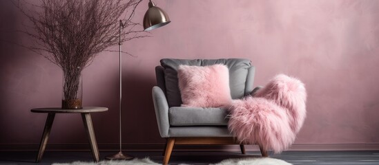 A living room with pink walls is adorned with a cozy pink armchair featuring a cushion lamp and fur rug, contrasting against the grey wall.