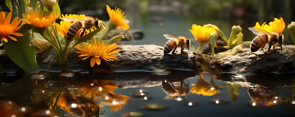 Honeybees collecting nectar on orange flowers placed on a stone with serene water reflection, symbolizing tranquility and coexistence - obrazy, fototapety, plakaty