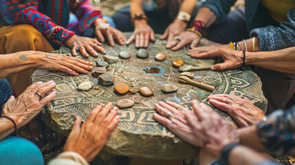 A support group for survivors, with a central table holding symbolic objects representing their journeys, in a circle of trust, with copy space