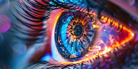 Fototapeta premium Futuristic cybernetic eye representing next-generation technology. detailed digital iris in vivid colors. conceptual image of advanced surveillance. AI
