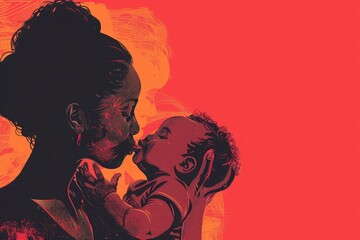 A tender image of a mother feeding her baby, illustrating the nurturing aspect of motherhood. Solid colored background. - obrazy, fototapety, plakaty