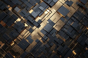 Image Dynamic 3D rendering showcasing gold and black square extrusions