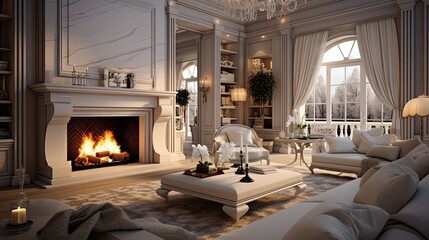 Luxury modern interior design of living room and burning fireplace in beautiful house - obrazy, fototapety, plakaty