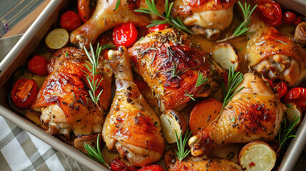 Baked chicken legs with vegetables. Horizontal view from above - obrazy, fototapety, plakaty