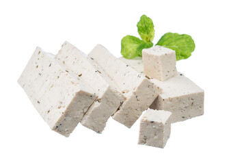 A pile of diced sea tofu cheese isolated on a white background vegan healthy eating. Sea tofu with algae with mint leaves.