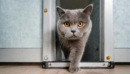 A British gray cat walks through a cat flap, cat hatch installed in a door, a cat door in an apartment interior.