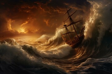 Fierce Ship fire in sea storm. Waves wind. Generate Ai