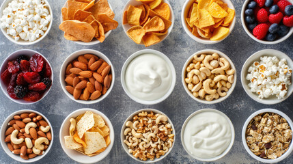 Mix of snacks. Variety of snacks such as nuts, chips and popcorn. - obrazy, fototapety, plakaty