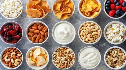 Foto op Aluminium Mix of snacks. Variety of snacks such as nuts, chips and popcorn. © brillianata