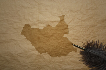 map of south sudan on a old paper background with old pen