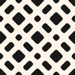 Vector grid seamless pattern. Abstract geometric minimal texture with rounded shapes, mesh, lattice, grill, net. Simple black and white checkered background. Monochrome geo ornament. Repeated design