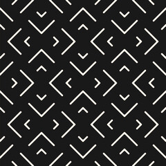 Simple vector geometric seamless pattern with lines, arrows, grid, lattice. Stylish minimal abstract black and white graphic ornament. Dark modern minimalist background texture. Repeated geo design