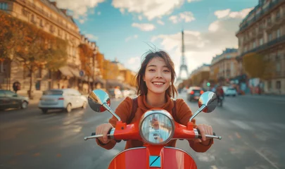 Foto auf Acrylglas  Embracing Life's Journey: smiling young woman on motor Scooter riding Paris streets with Eiffel Tower background, Celebrating life Benefits, Joyful Parisian Adventures. Happy people, traveling concep © Train arrival