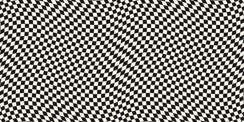 Checkered black and white seamless pattern with optical illusion effect. Simple abstract vector monochrome background. Groovy distorted texture. Op art illustration. Repeated retro geometric design