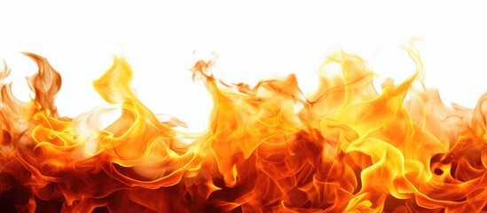 This close-up shot showcases vibrant fire flames dancing on a crisp white backdrop. The flames flicker and sway, casting a warm glow in their immediate vicinity. - obrazy, fototapety, plakaty