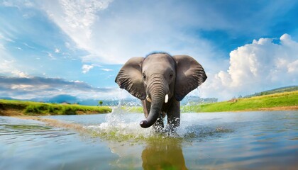 closeup view of cute and adorable baby elephant in splashing water in happy mood, lovely zoomed shot of animal. - 755204773