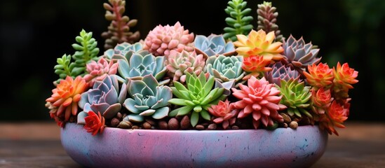A purple bowl is filled to the brim with various types of succulents, creating a vibrant and visually appealing display. The succulents are tightly packed together, - Powered by Adobe