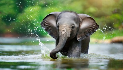 closeup view of cute and adorable baby elephant in splashing water in happy mood, lovely zoomed shot of animal. - 755204791
