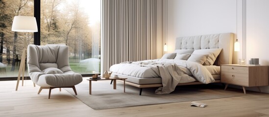 A Scandinavian-style bedroom with a comfortable bed and a stylish armchair. The room is illuminated by a cozy floor lamp, creating a warm and inviting atmosphere.