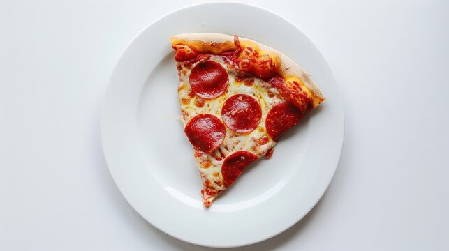 A tasty slice of pepperoni pizza on a white plate isolated a white background. AI generated image