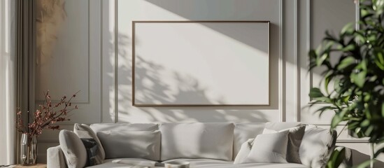 Living room wall interior design with frame mock up template. AI generated image