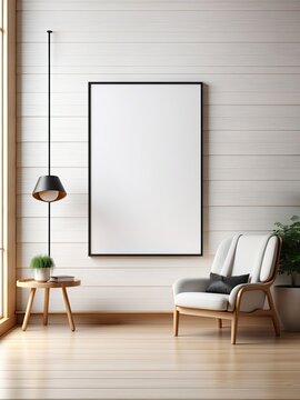 Blank poster on the white wall and the wooden floor