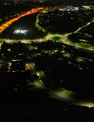 Aerial Panoramic view of Illuminated Central Hatfield City of England UK During Night. March 9th, 2024