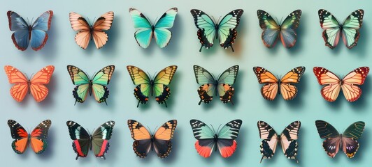 Different species color butterflies and moth. Papilionidae. Papilio ulysses. Nymphalidae. Collection butterflies. Entomology collection. Insects.