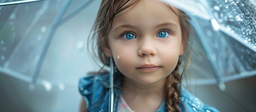Close up portrait little girl with blue eyes holding an umbrella. AI generated image