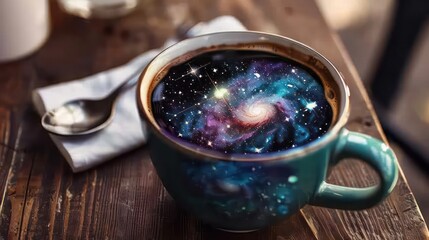 Obraz na płótnie Canvas coffee cup filled with dark coffee that is mixed with colorful nebula and galaxies inside the cup