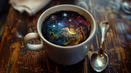 Obraz na płótnie Canvas coffee cup filled with dark coffee that is mixed with colorful nebula and galaxies inside the cup
