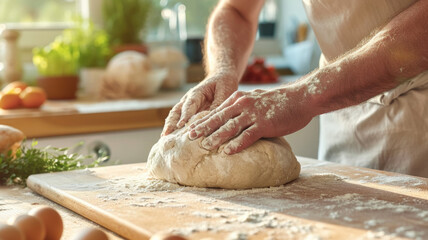 Man hands kneading dough on wooden kitchen table. Baker preparing dough for baking