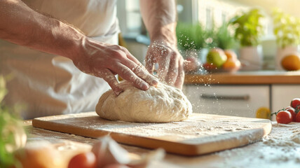 Man hands kneading dough on wooden kitchen table