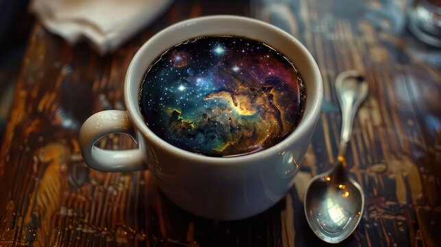 coffee cup filled with dark coffee that is mixed with colorful nebula and galaxies inside the cup