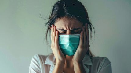 Woman with headache and medical mask on her face. Illness concept
