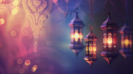 Elegant arabic lanterns on gradient Ramadan Kareem background with empty space for text. Mubarak...