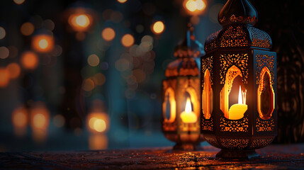 Glowing lanterns on dark Ramadan Kareem background with text area, in the night fantasy ornate...