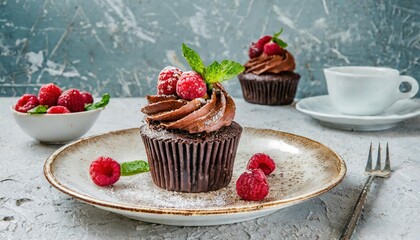 Plate of tasty chocolate cupcake with raspberries on table