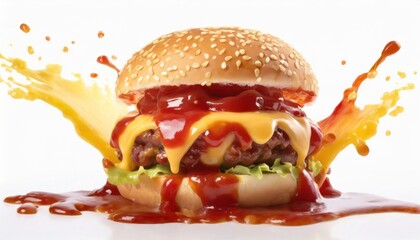 Splashes of ketchup and melted cheese flowing from a cheeseburger isolated on a white background. - 755207124